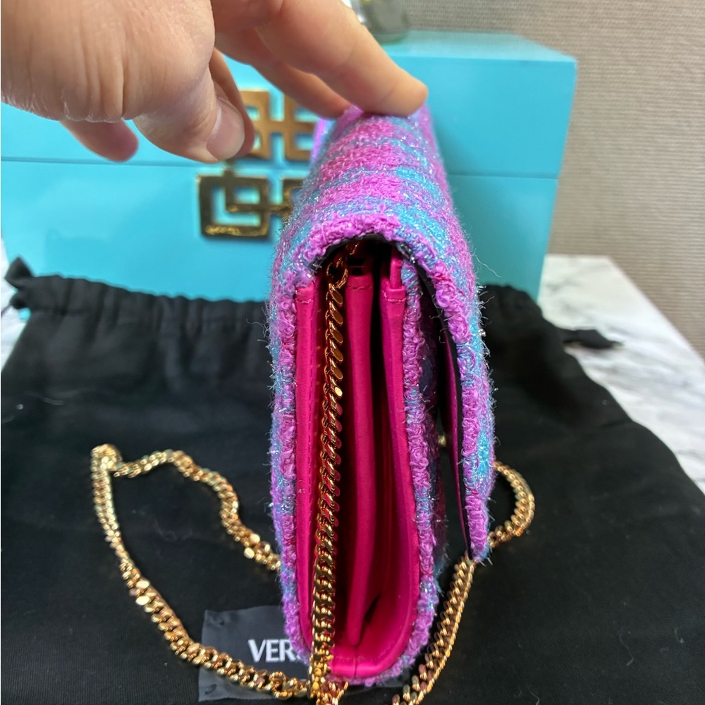 NWT Authentic Versace Pink Purple Blue Wool Tweed Checkered WOC Wallet On Chain - Picture 4 of 11